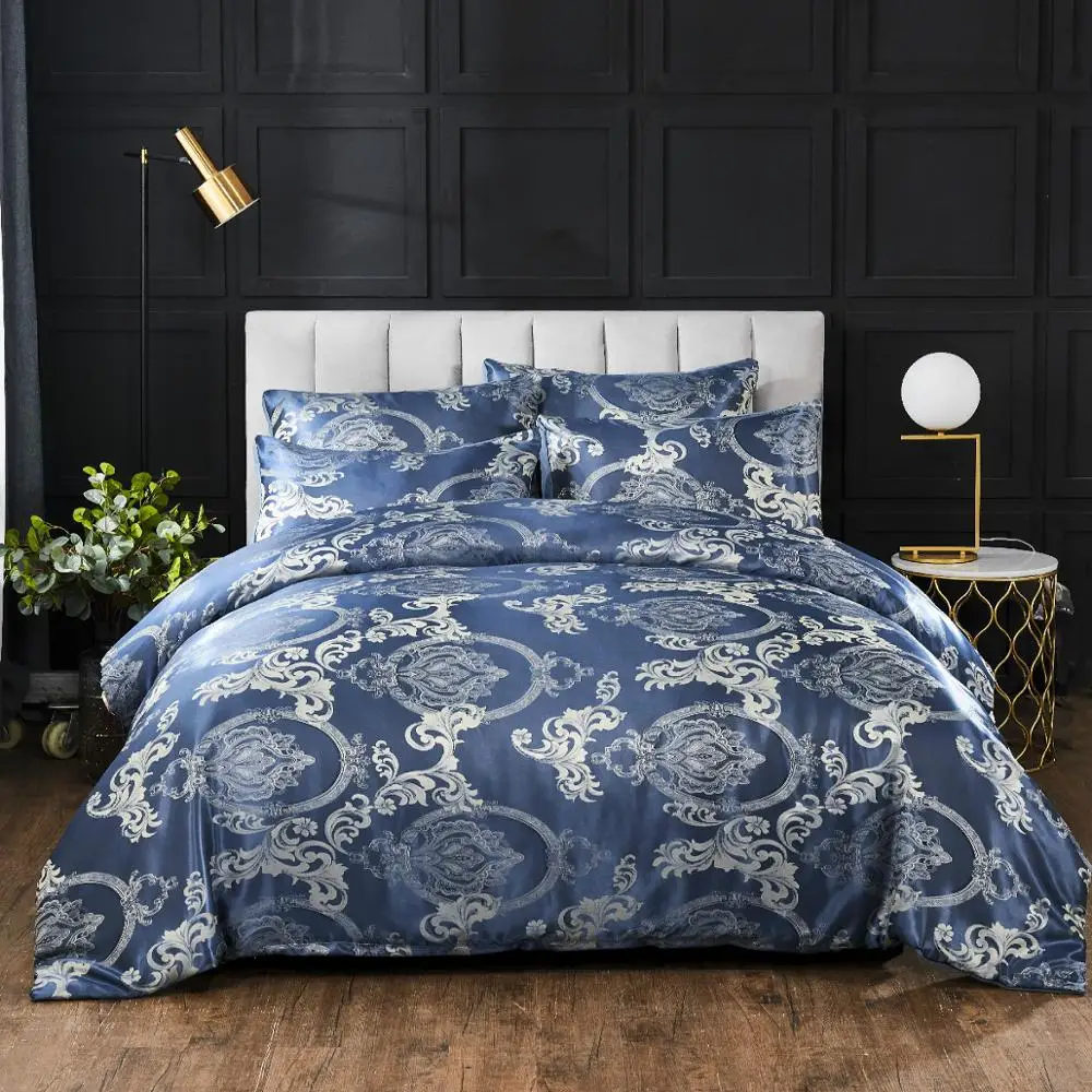 

Satin Jacquard Bedding Set Blue Luxury Quilt Cover European Style 2/3 Pieces Duvet Cover Pillowcases High Quality For Adults