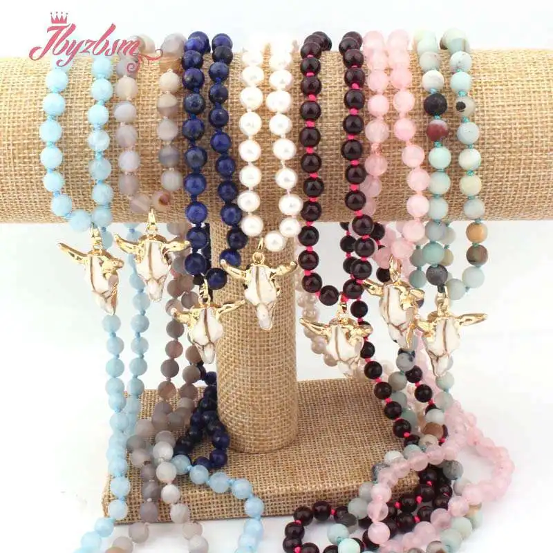 6mm Round Garnet Lapis Amazonite Natural Stone Beads Bohemian Tribal Horn Pendant Jewelry Necklace For Woman Christmas Gift 25&quot |