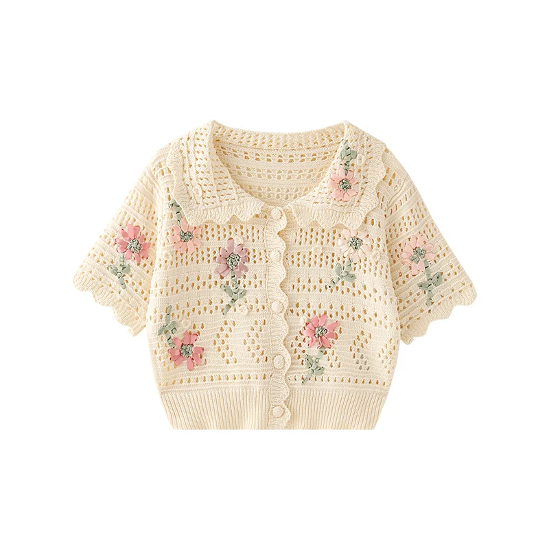 

Женский винтажный кардиган с коротким рукавом, свободная короткая трикотажная рубашка с круглым вырезом и цветочной вышивкой, лето 2021