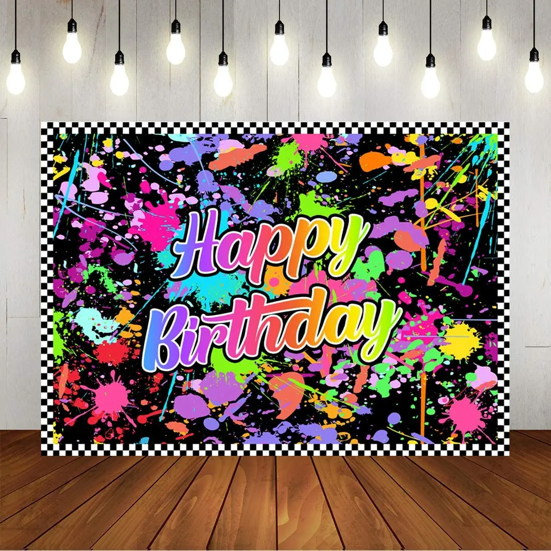 

The Dark Photography Backdrop Colorful Graffiti Splash Paint Background Happy Birthday Party Black Light Sleppover Banner
