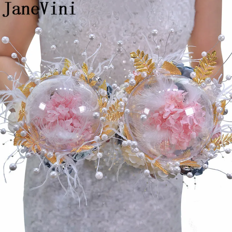 JaneVini роскошный свадебный букет из перьев и жемчуга искусственные розовые цветы