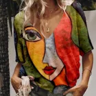 Модная женская футболка с абстрактным изображением человеческого лица, свободные топы с коротким рукавом и V-образным вырезом, летняя повседневная женская футболка y2k, новинка 2021