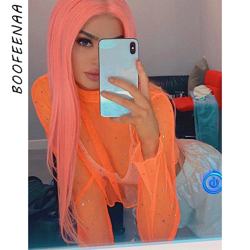 BOOFEENAA Модные топы 2019 Сексуальная сетчатая неоновая оранжевая водолазка с
