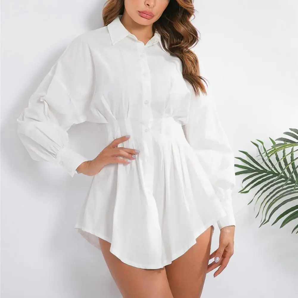 

Long Sleeve Shirt Dress Sexy Women Solid Color Waist Tight Long Sleeve Buttons Mini Shirt Dress Skirt Dresses Fashion Vestidos