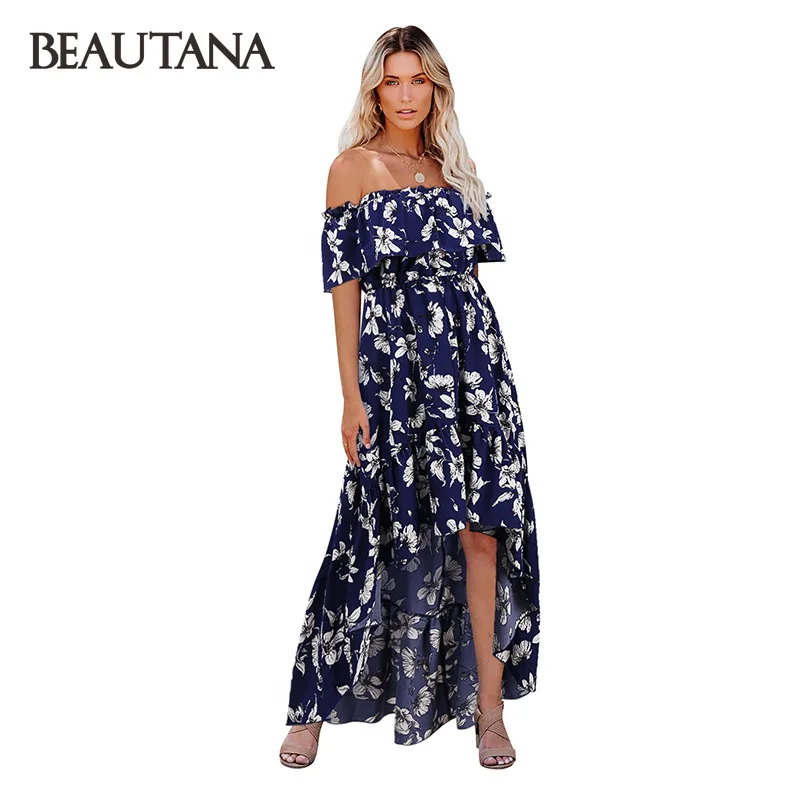 

BEAUTANA Ankle Length Dress 2021 Summer Floral Prin Ruffles Asymmetrical A Line Vestidos Fashion Long Women Tunic #H10276
