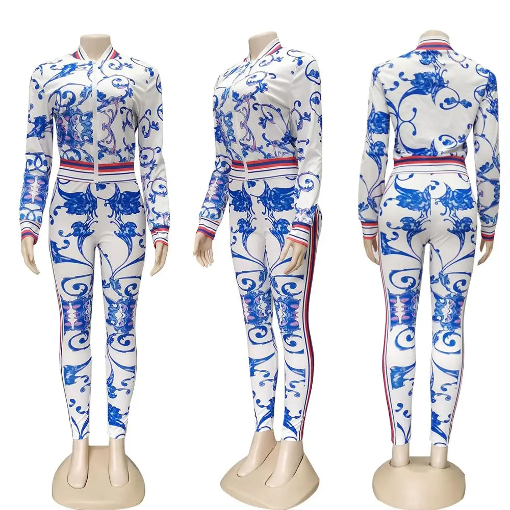 

European and American slim flower print two piece fashion casual zipper long sleeve top and long pants women's suit