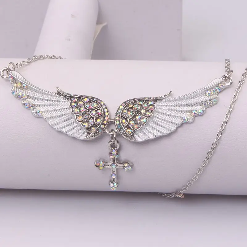 

New fashion light blue angel wings cross pendant stainless steel necklace creative rhinestone pendant neck chain clavicle chain
