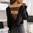 Женская кружевная блузка с вышивкой и V-образным вырезом, демисезонная офисная однотонная блузка с рукавами-лепестками, элегантная рубашка, блуза