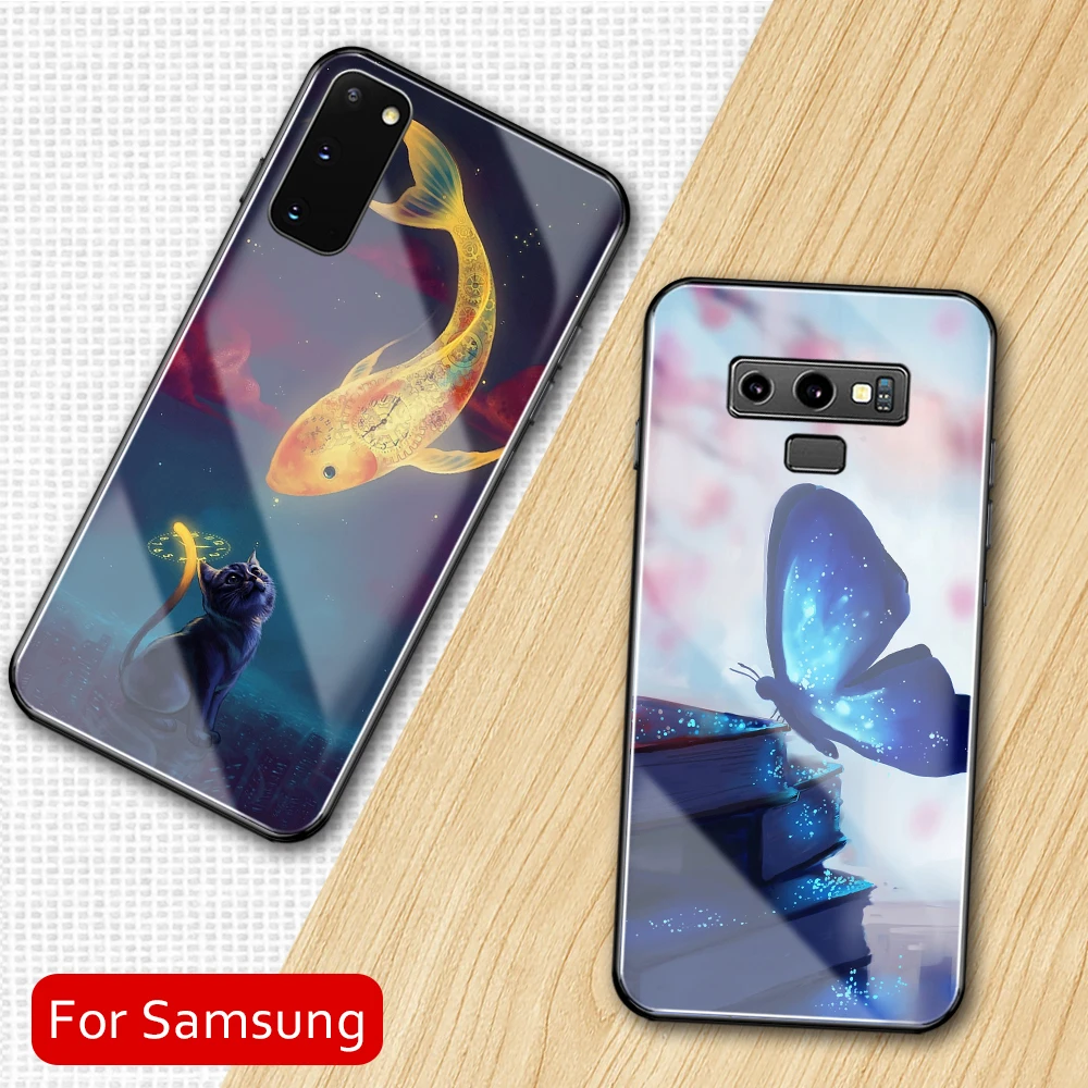 Для Samsung S8 Plus чехол бабочка рыба звезды закаленное стекло крышка для Galaxy Note 8 9 10 20