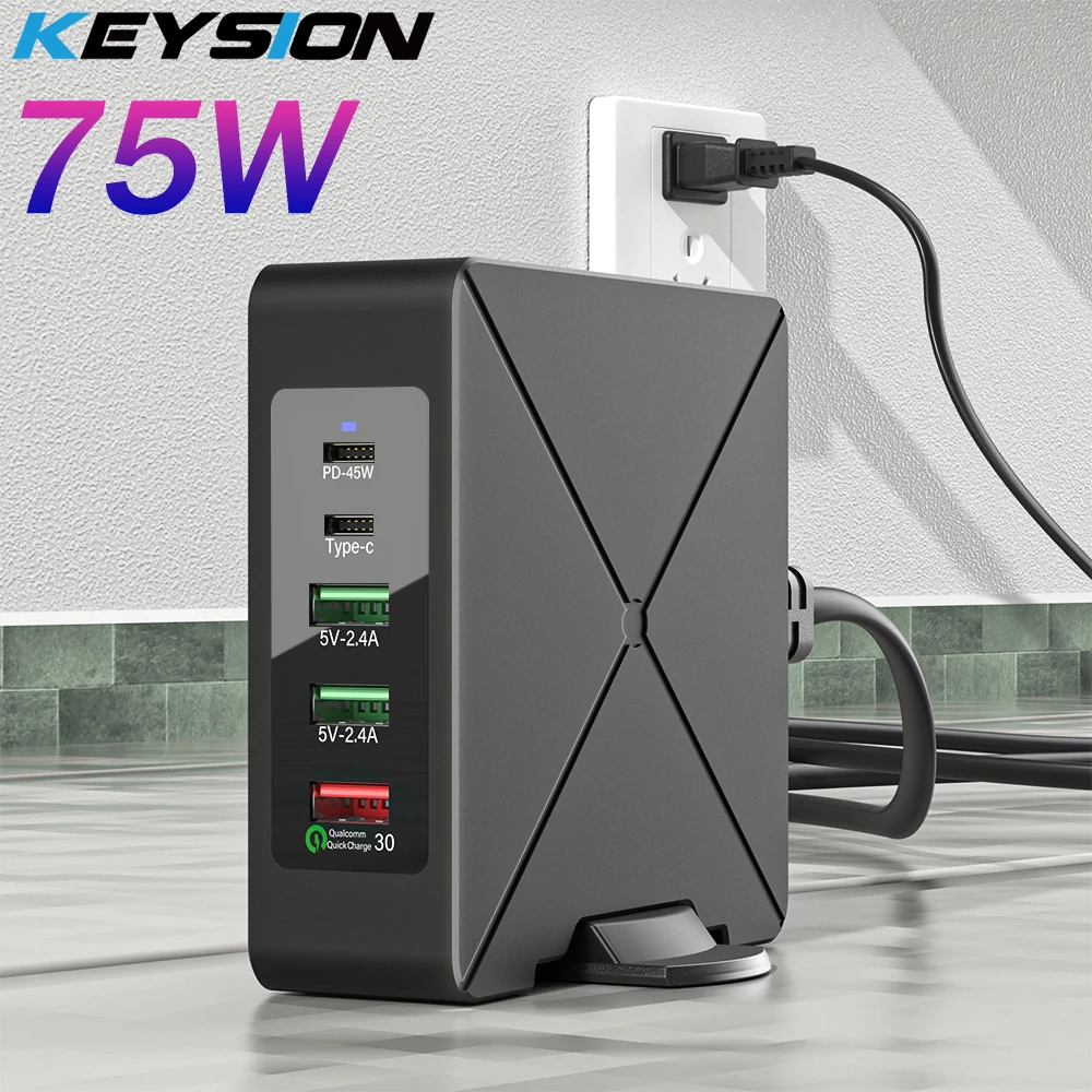 

KEYSION 75W 5 Port Multi USB C PD Charger Quick Charge QC3.0 Type C Fast Charging Travel Power Adapter with Desktop Rotary Stand