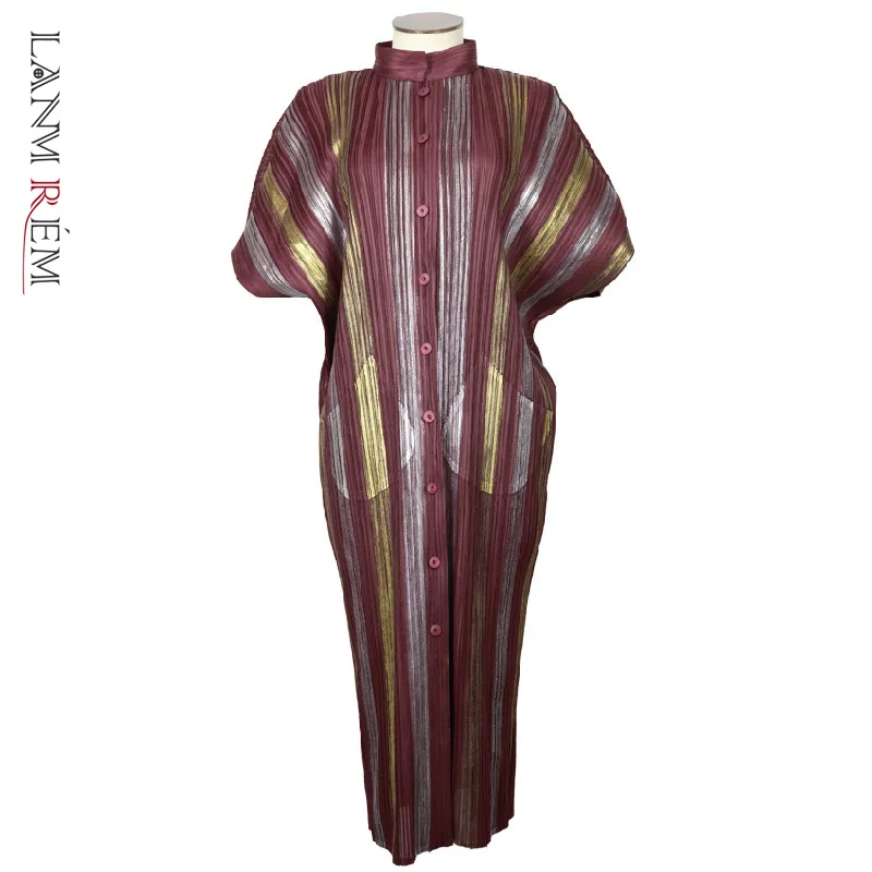 Женское однобортное плиссированное платье LANMREM разноцветное в полоску с