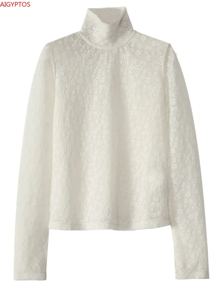 

AIGYPTOS original designer women's wear 2020 autumn new lace slim long-sleeved high-necked bottoming T-shirt