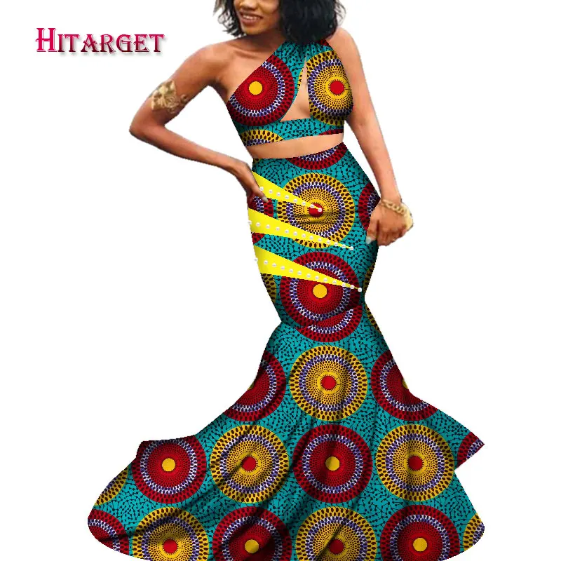 

Платья Hitarget с Африканским восковым принтом для Женщин Дашики базин богатый сексуальный костюм с юбкой на одно плечо традиционная африканск...