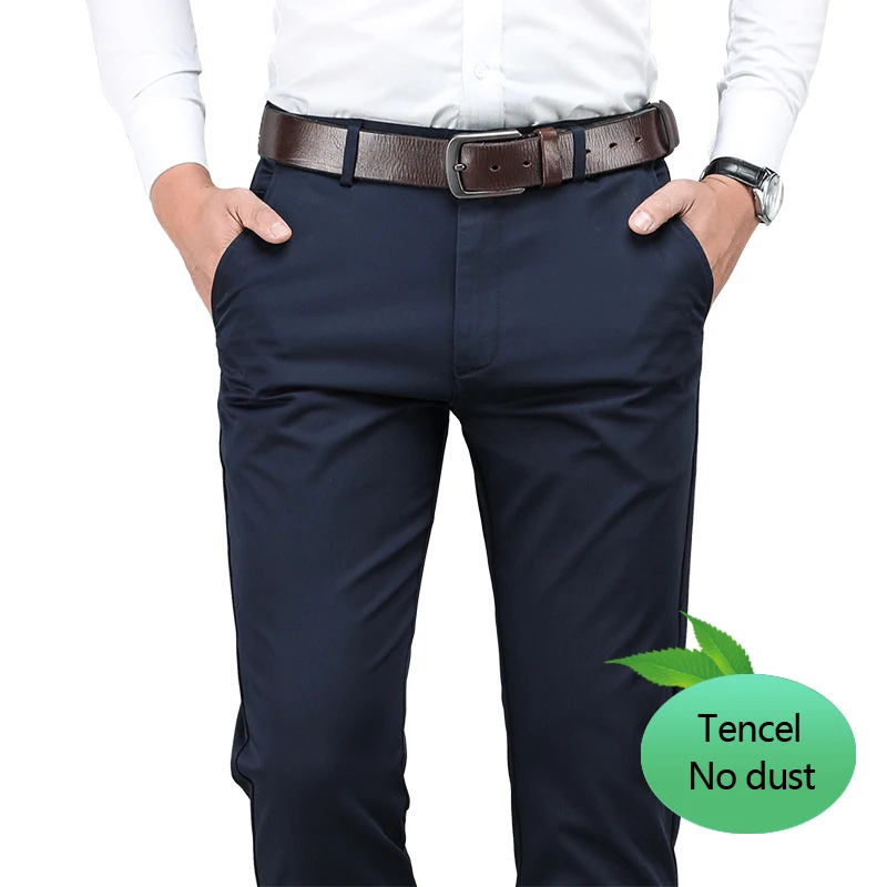 Plus Size 40 42 44 Men's Tencel Casual Pants Not Ash High Quality Fashion Business Straight Elastic Trousers Male Brand Clothes