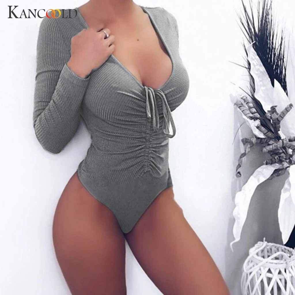 Женские облегающие комбинезоны с длинным рукавом сексуальные женские глубоким v