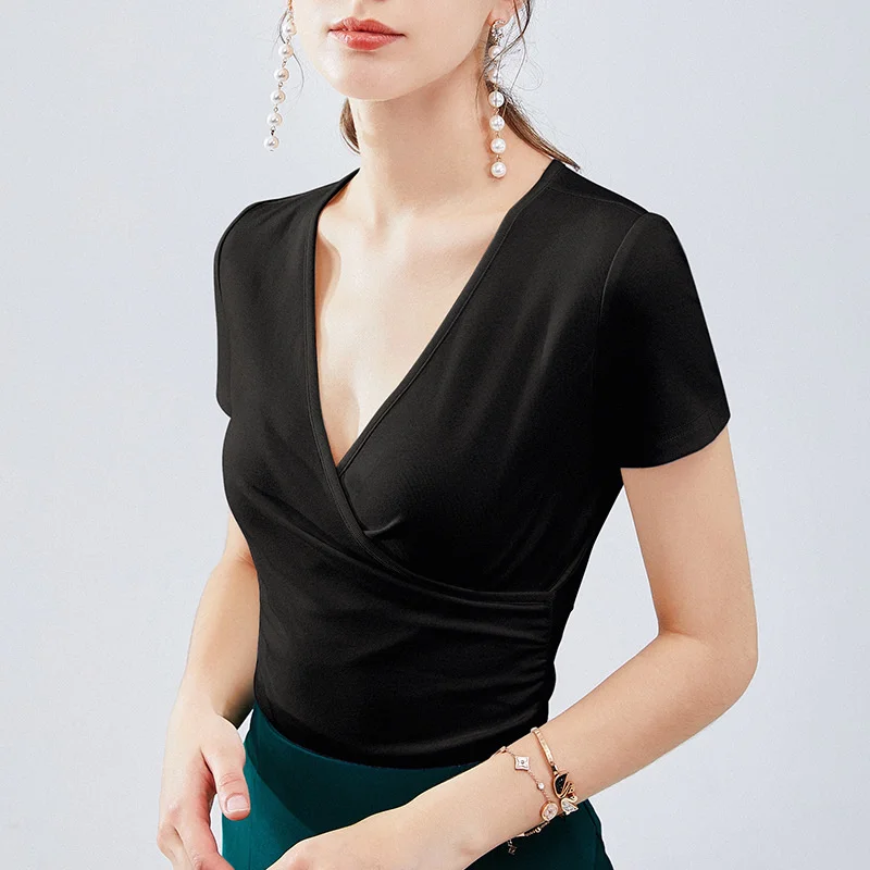 

Short sleeve T-shirt women's European women's 2021 summer new cross V-neck half sleeve cotton T-shirt fold waist top