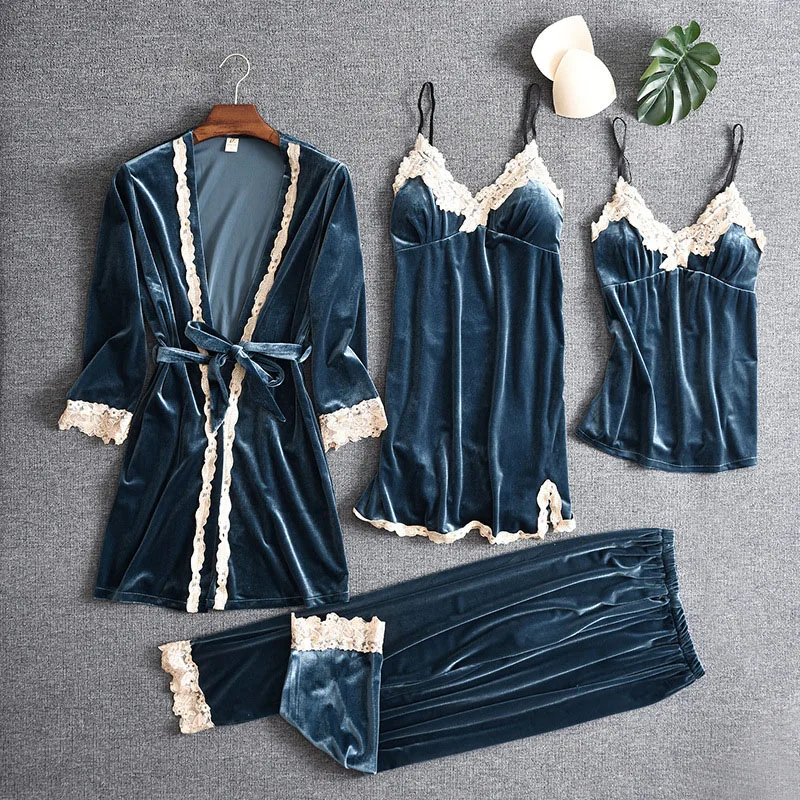 

Fashion Velvet 4 Pieces Pajamas Sets Women Warm Winter Sexy Lace Ladies Robe Pajamas Sleepwear Kit Sleeveless Nightwear Homewear