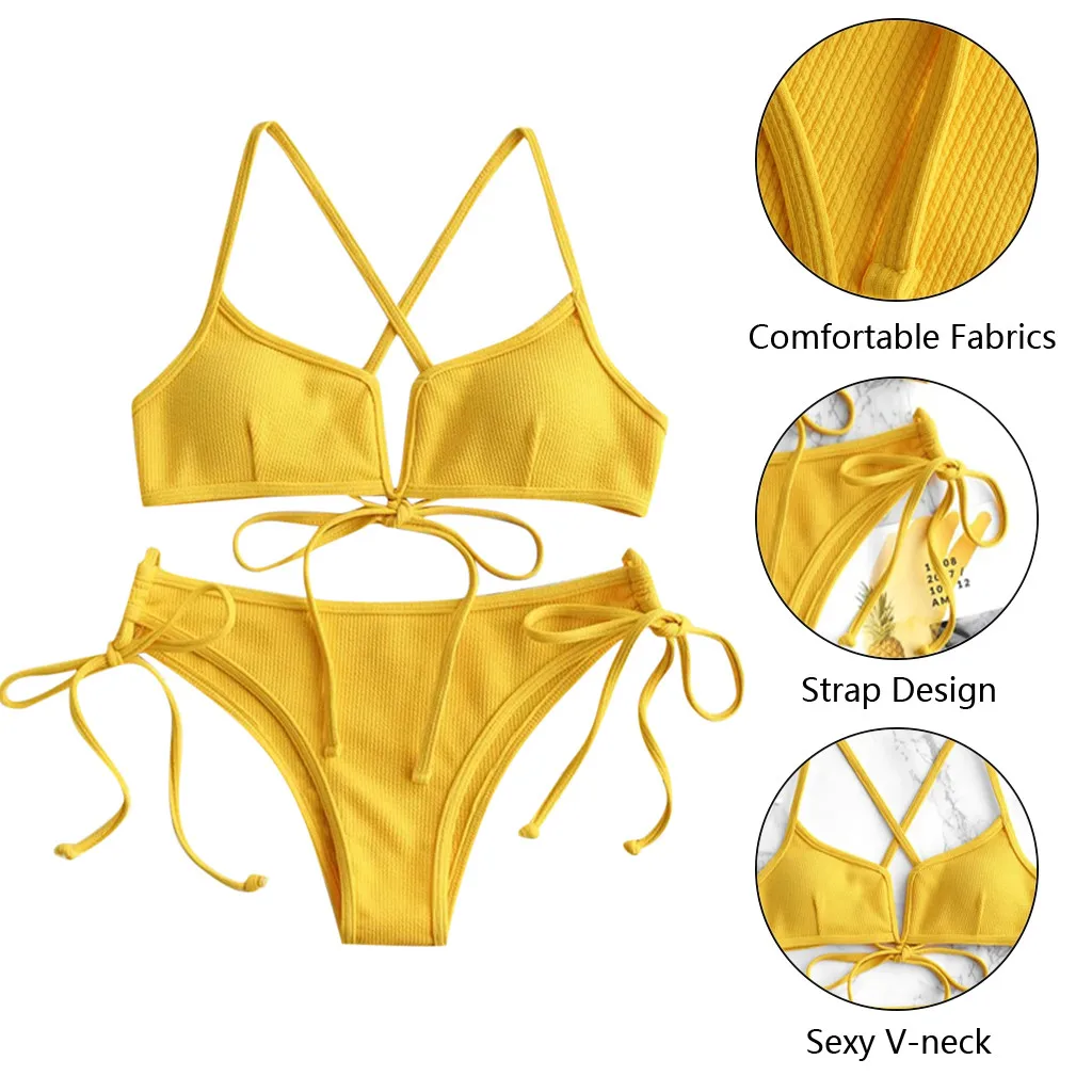 

Womens Bikini Set Bandage Push Up Bra V-Neck Swimwear Swimsuit Lace Up Bathing Suit Beachwear Beach Dress maillot de bain femme