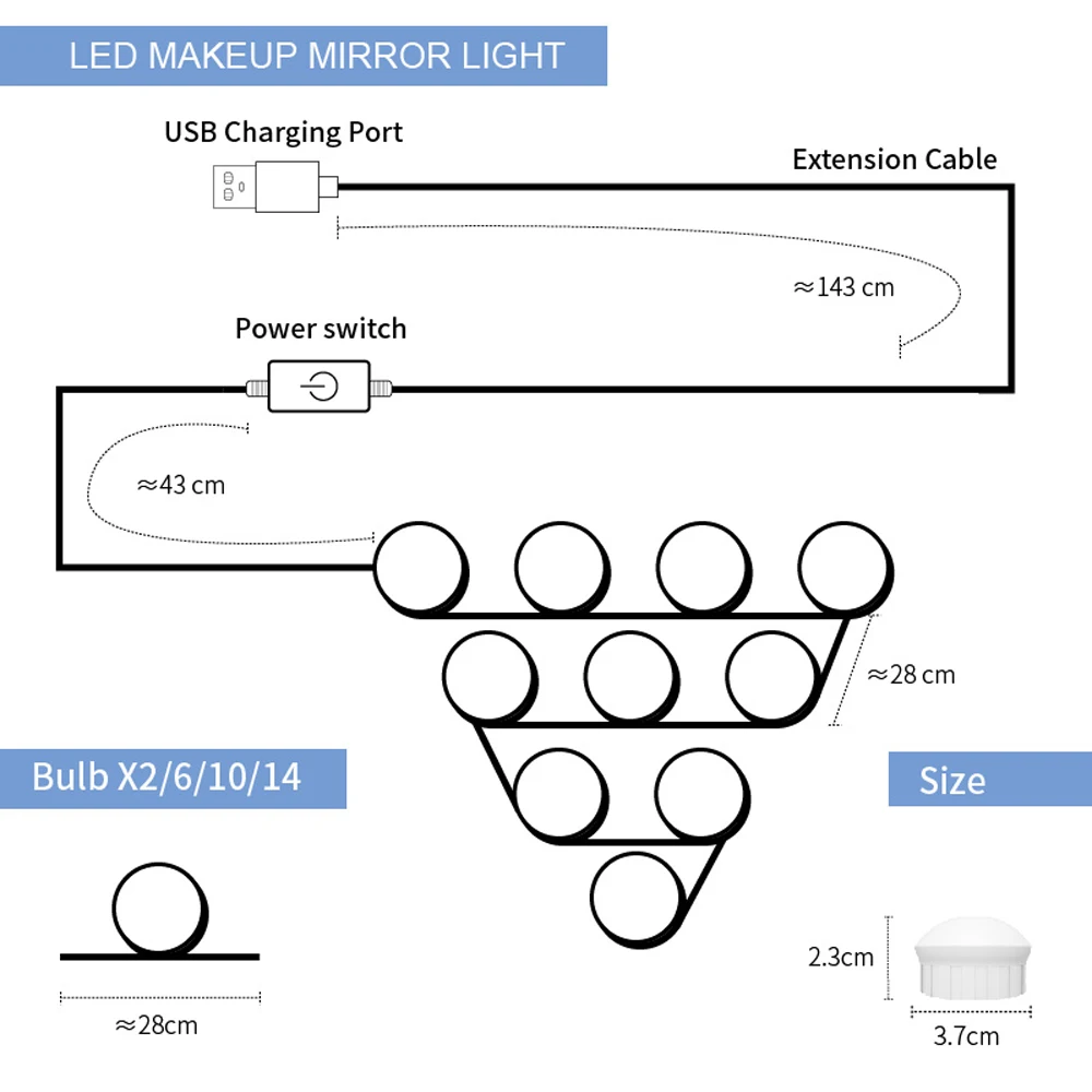 USB 12V голливудские зеркальные лампы Набор Led макияж светильник 3 цвета затемнения