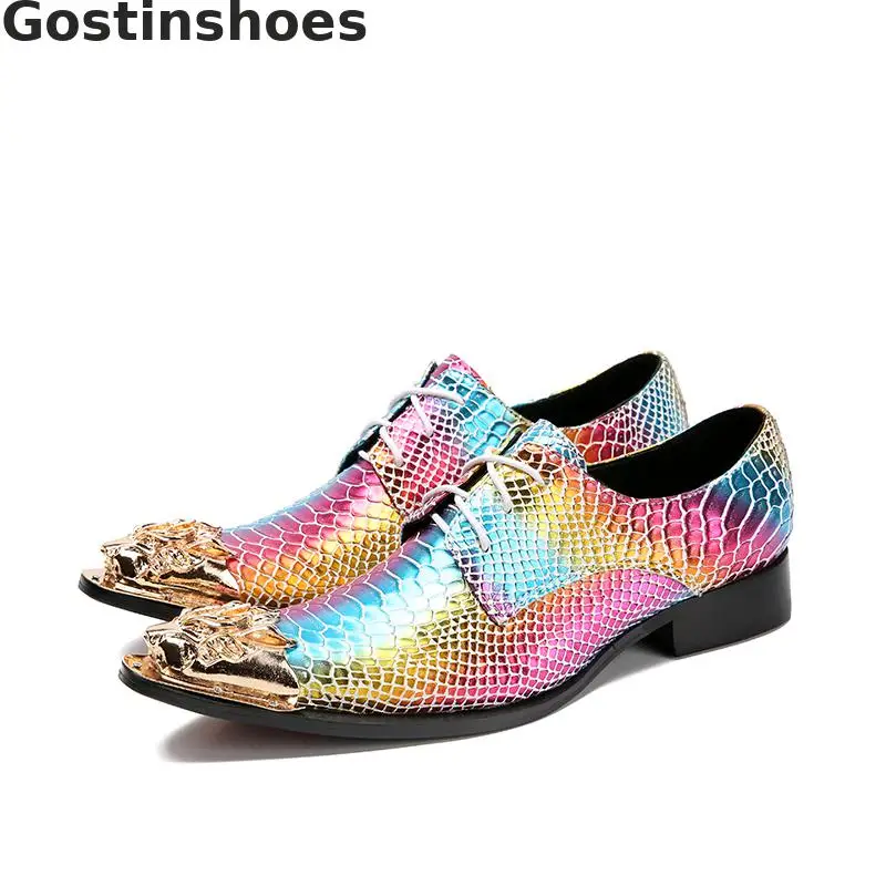 Модные мужские туфли в стиле Дерби цвета радуги повседневные кожаные из