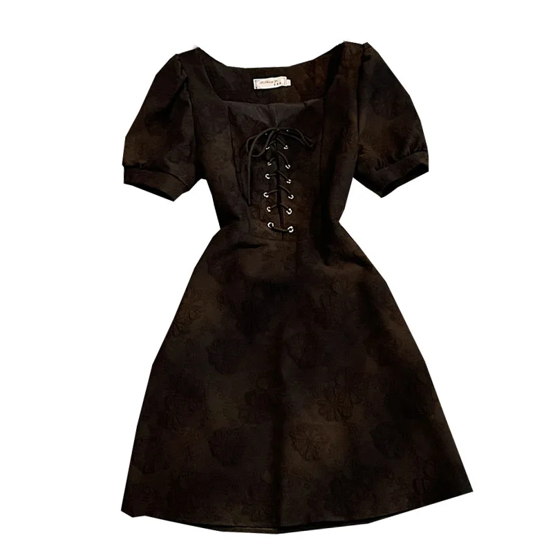 

French Fashion White Puff Short-sleeve Mini Dress Women Summer High Waist Front Draw String Fairy 2021 New Bodycon Dress Robe