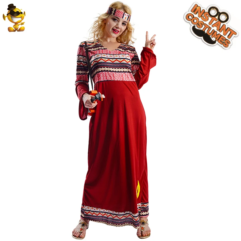 

Adult Women's Role Play Flower Power Hippie Lady Costumes Cosplay 60's 70's Retro Hippy Outfits with Headpiece