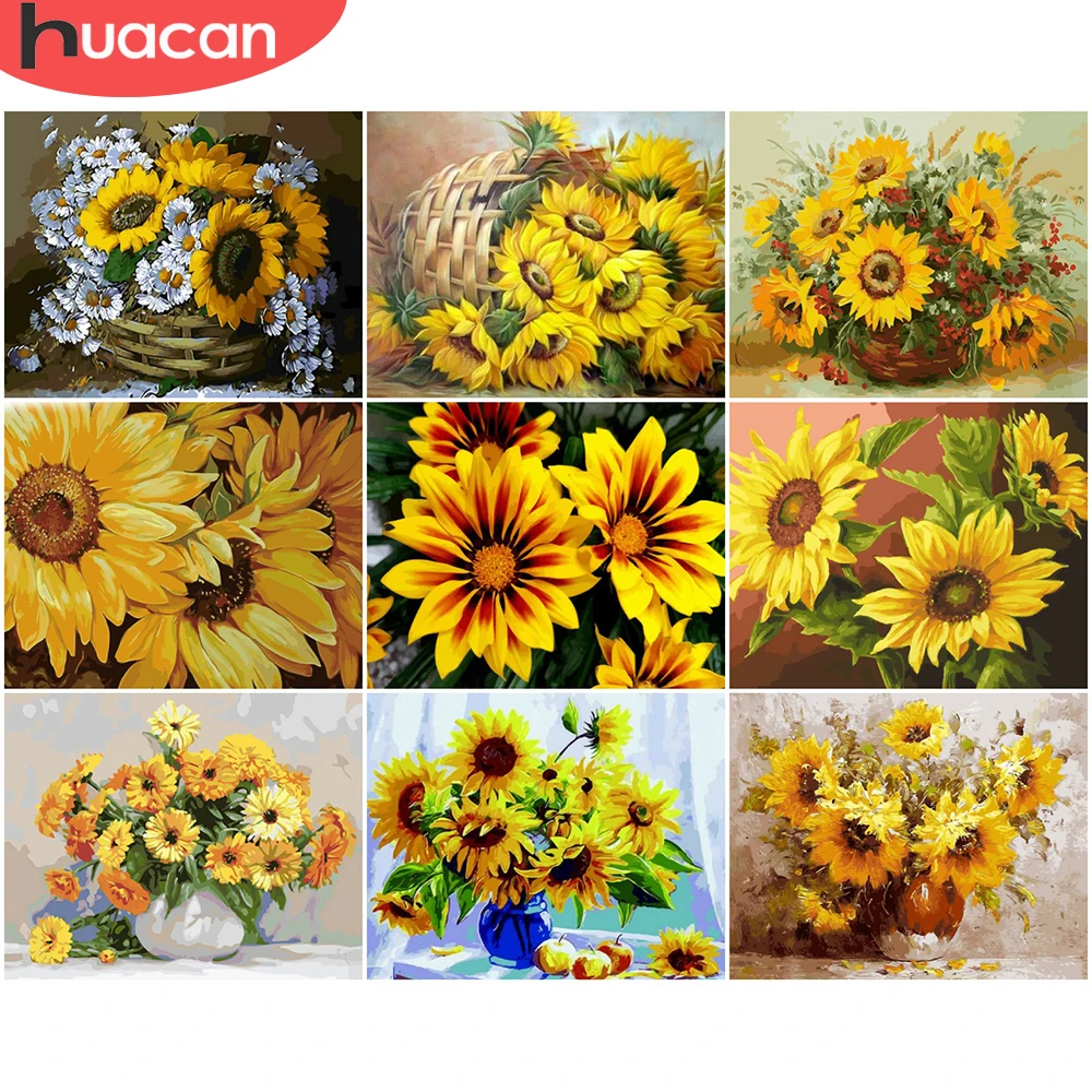 

HUACAN Раскраска по номерам наборы для подсолнечника ручная роспись картины по номерам Цветочный рисунок на холсте домашний декор DIY подарок ...