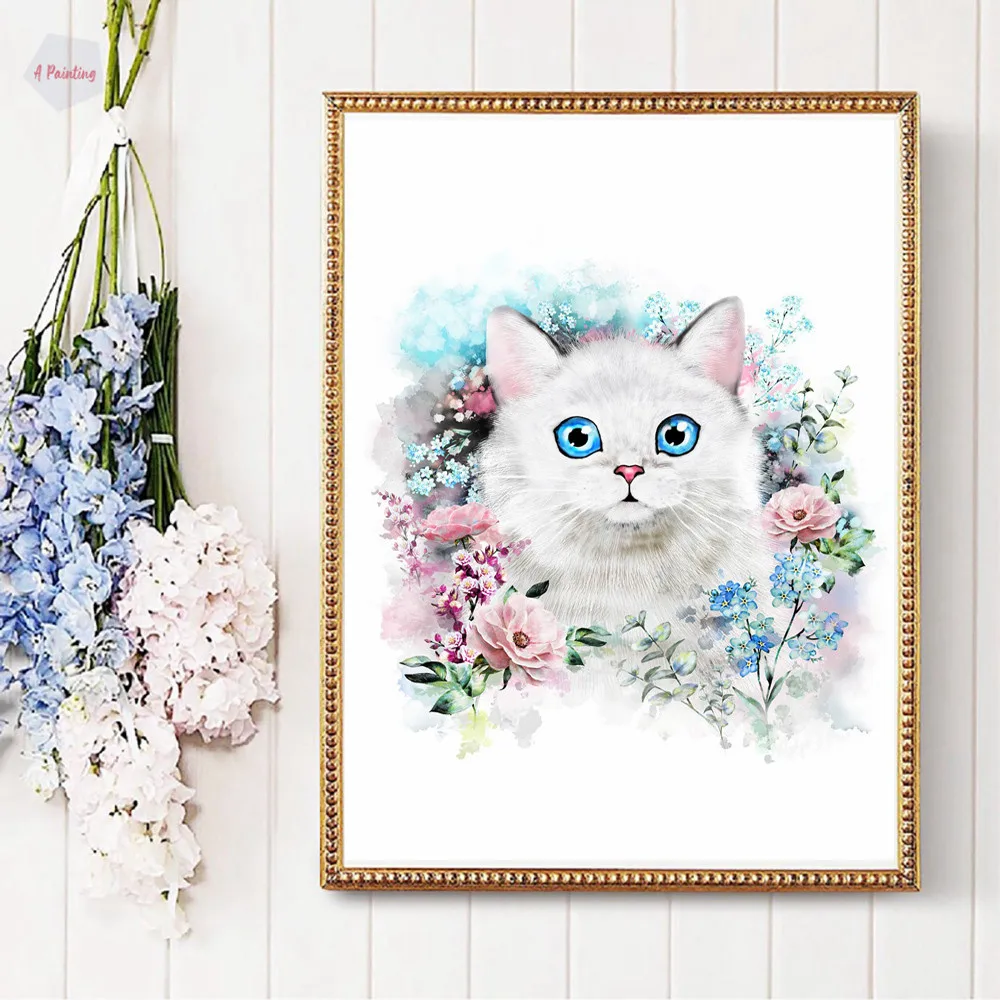Современная Красивая синяя белая кошка и цветы Картина на холсте настенные