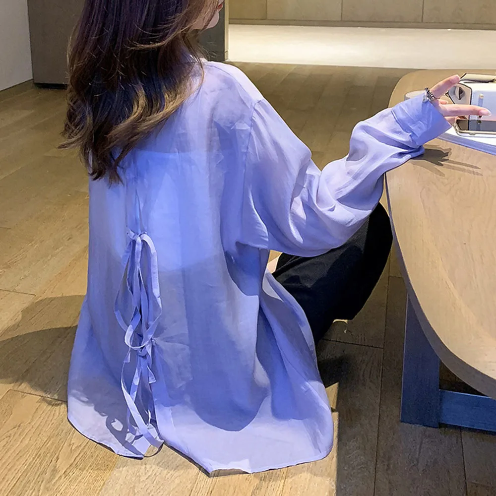

2021 Summer Solid Color Lace Up Tops Mid-length Niche Designer Blouse Women Japan Korean Style Autumn Female Casual Shirts