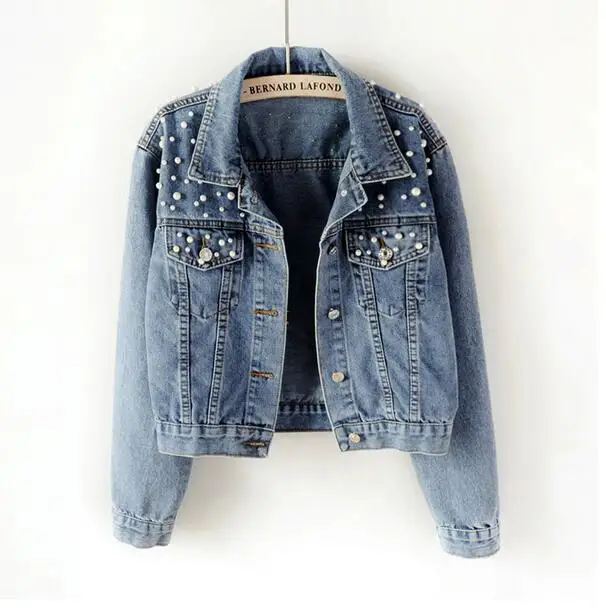

Vintage Pearl Beading Short Denim Jackets Women blue Wash Long Sleeve Casual Jean Jacket Bomber Denim Coat Plus Size