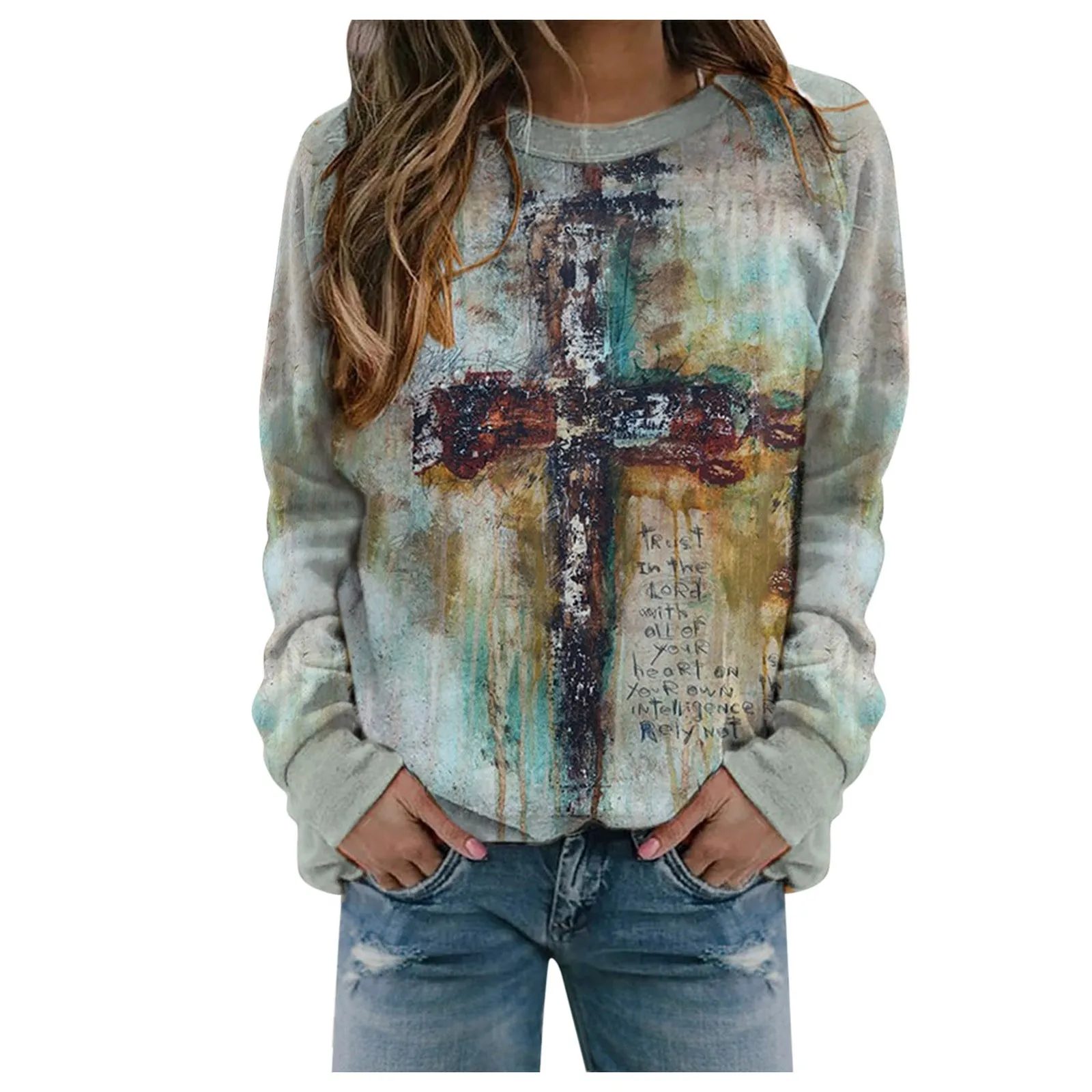 

Женская винтажная Толстовка Harajuku, толстовки с длинным рукавом, топы с круглым вырезом, рубашки большого размера, картина маслом, корейская м...