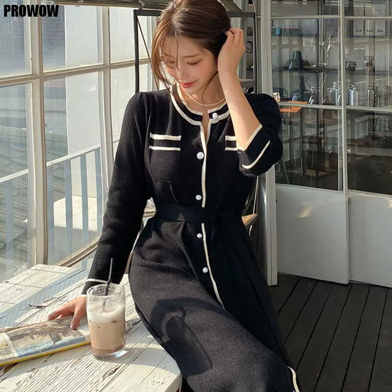

One-Piece Dress Korean Ladies Elegant Sweater Knitted Dress 2020 Autumn Winter Women Long Sleeve Sweater Knitt Dress Long Dress