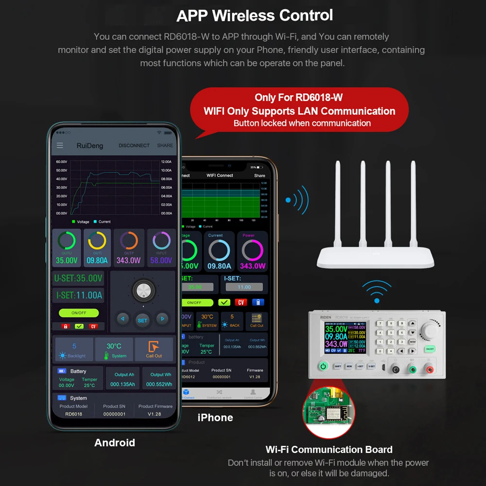 

RD6018 18A Constant-Voltage Constant-Current Direct-current Power-Supply Module Keypad PC Software Wifi Phone App Control