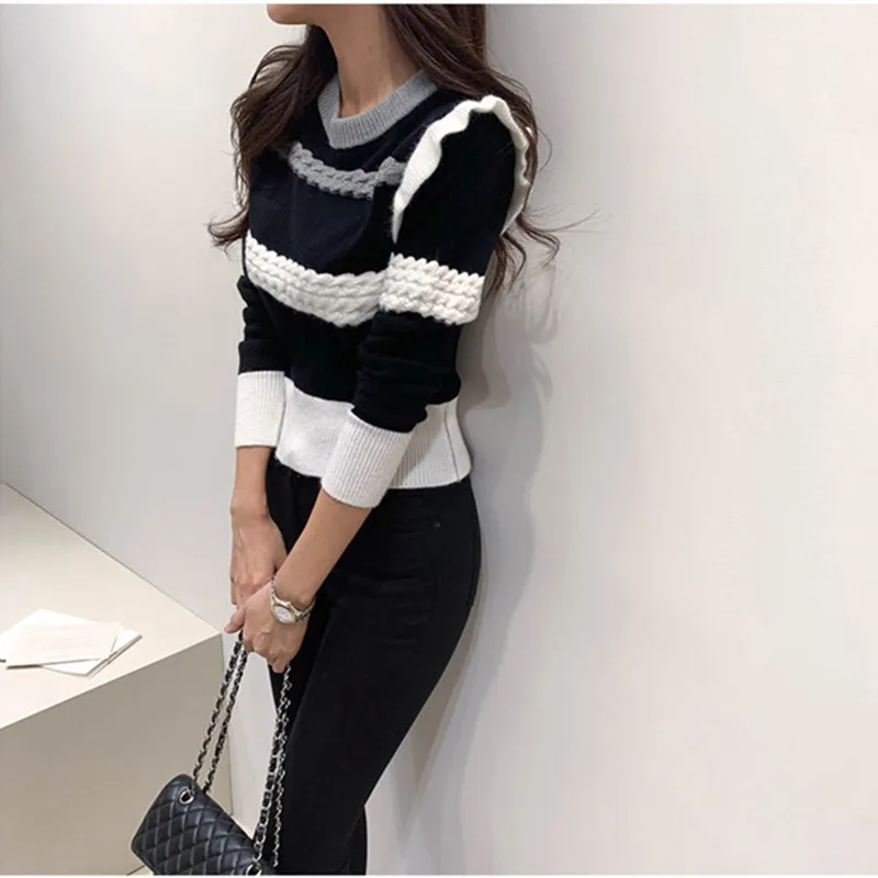 

2020 New Striped Elegant Early Autumn Sweater for Ladies Elegant Ruffles All-match Chic Korean Pullovers Rabbit Hair Warm Blouse