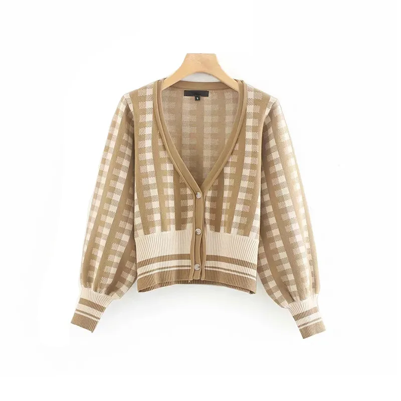 

Vintage women sweater plaid cardigan stripe 2020 fashion elegant ladies V neck ribbed knitwear street-wear female sweaters