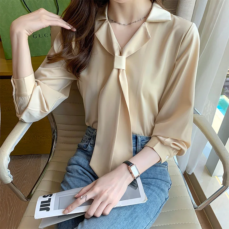 

Autumn New Women's Blouse Long Sleeve Top Streamer Solid Color Chiffon Casual Fashion Lady Loose Shirt