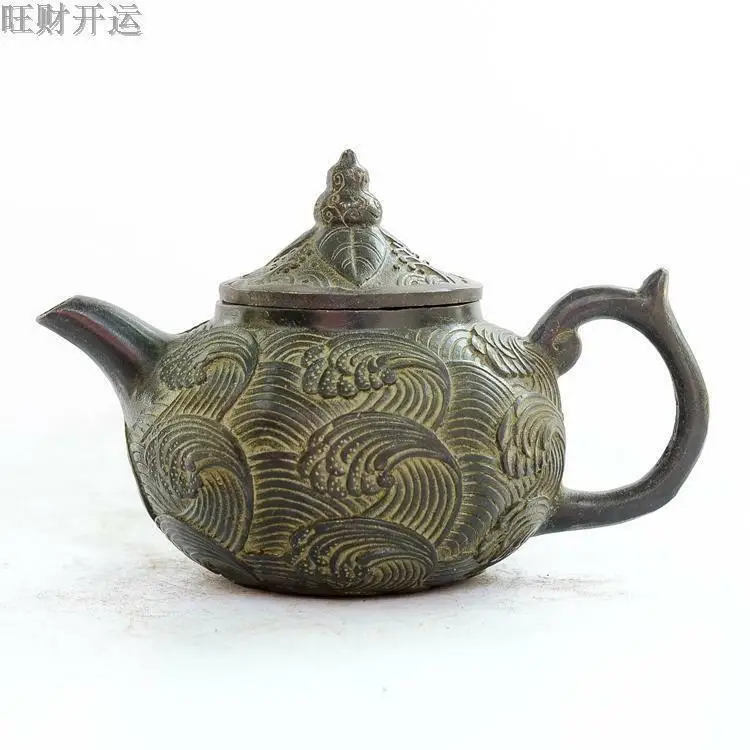 

Antique China Bronze Hand Made Spray Seawater Gourd Lid Teapot Wine Pot Flagon