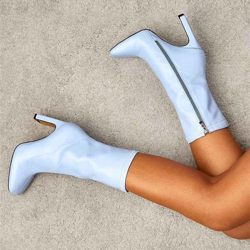 

Blue Ankle Boots For Women Runway Style Party Nightclub Stripper Booties Ladies Fashion Square Toe Zip Autumn Winter Shoes Pumps