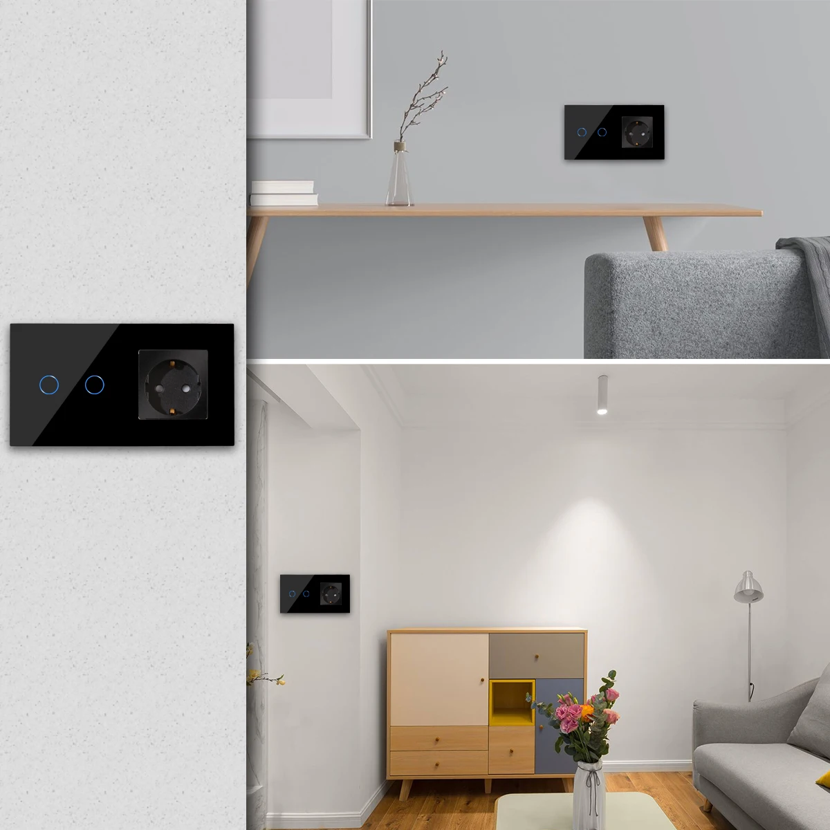 

Bingoelec Brand EU Standard Touch LED Display Switch 3Gang 1way Crystal Glass Panel with16A Wall Socket plug Light Switch