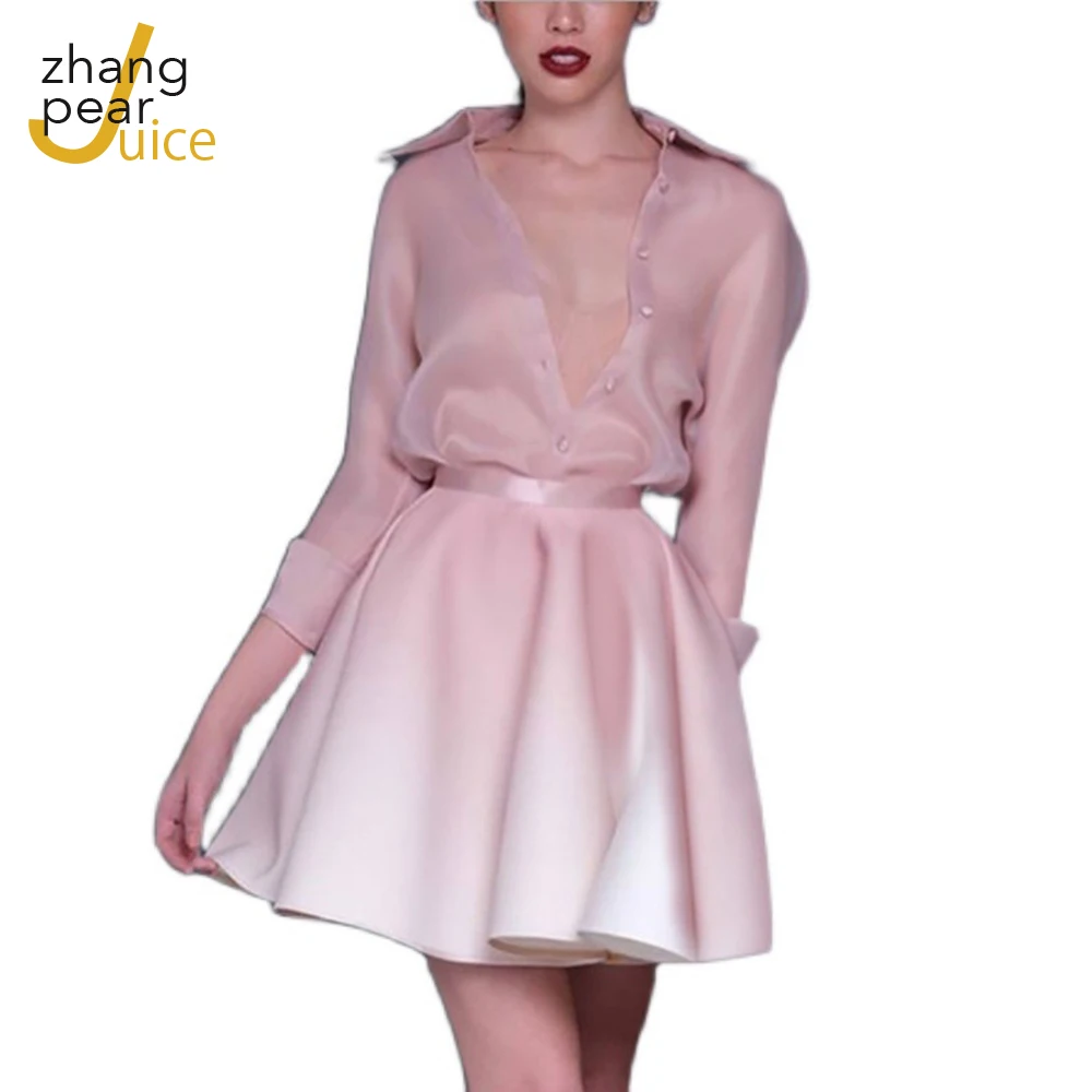 

Sweet Pink Full Sleeve Girl Dress Elegant Gradient Print Dress Woman Prom Party Club A Line Mini Dress 3 Piece Sets