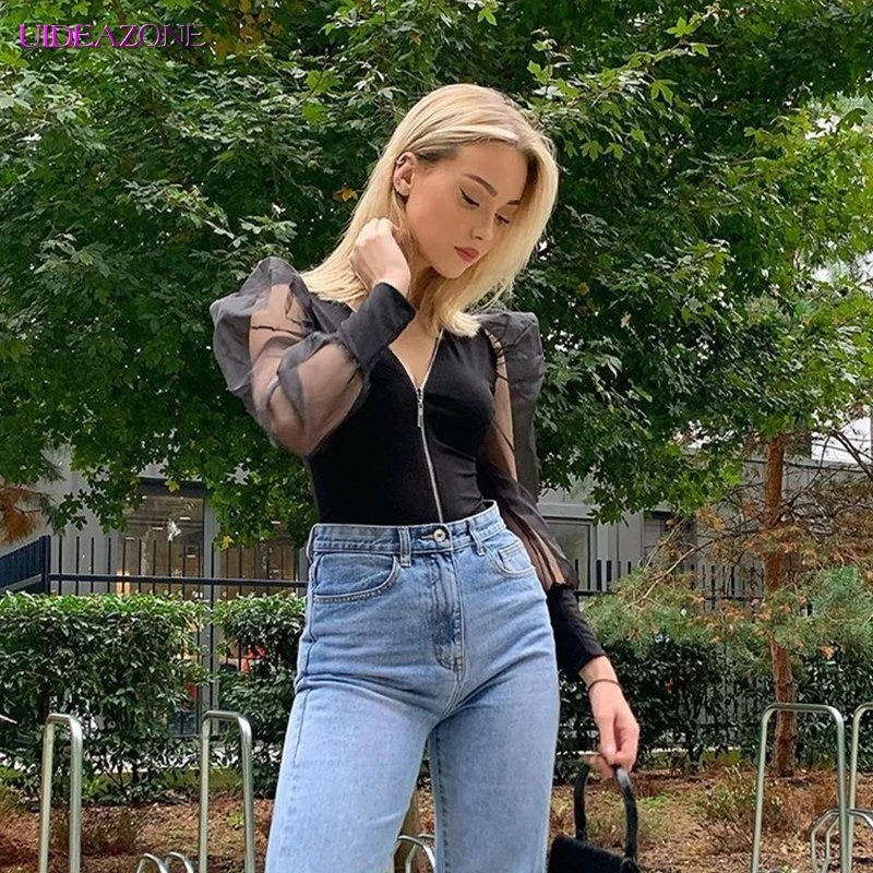 Женский пуловер комбинезон пэчворк сетка длинный рукав с буфами v-образный вырез