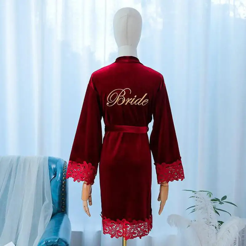 

Velour Lace Burgundy Bride Bridesmaid Wedding Robe Casual Kimono Bathrobe Women 2021 New Intimate Lingerie Autumn New Homewear