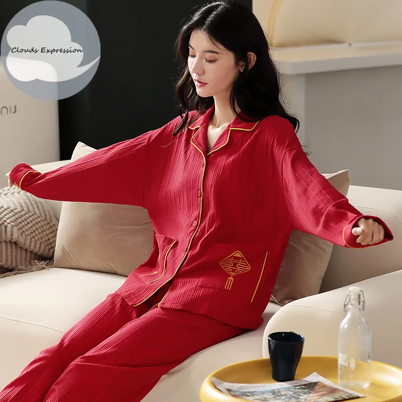 Осенне-зимние брендовые вязаные хлопковые элегантные женские пижамные