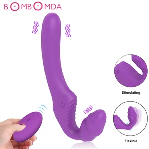 Двойной фаллоимитатор без бретелек для лесбиянок, Вибратор Интимные Игрушки для взрослых, женский ремешок на пенис, пульт дистанционного управления, Женский Массажер для влагалища