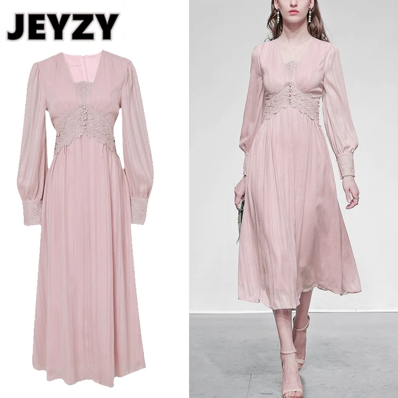 

Женское длинное плиссированное платье Jeyzy, дизайнерское стильное розовое платье с кружевными пуговицами и V-образным вырезом, вечерние нее ...