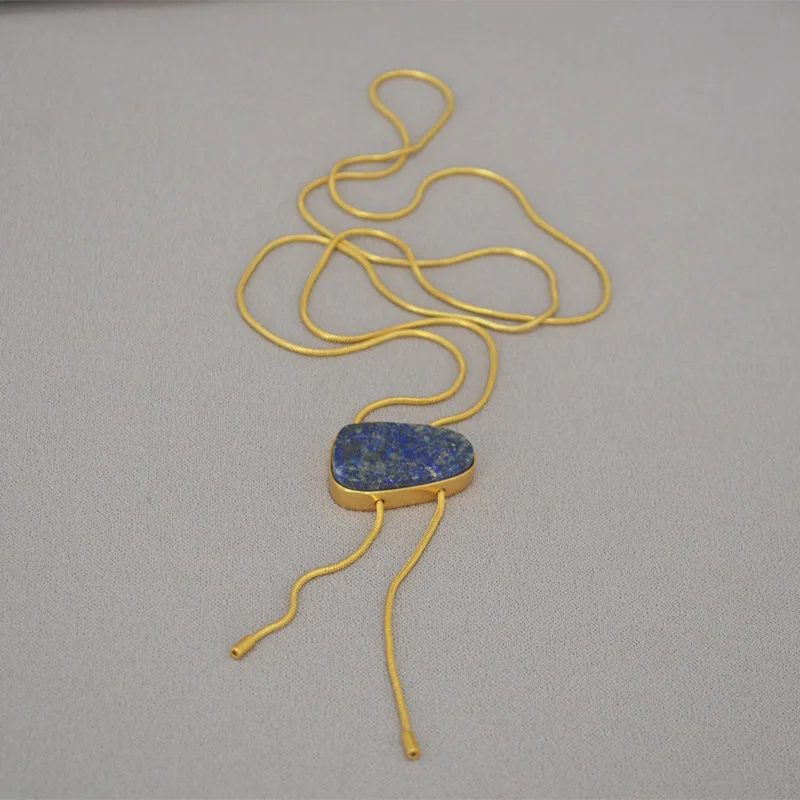 

Women lazuline nutural stone gold plated snake chain necklace sweater chain
