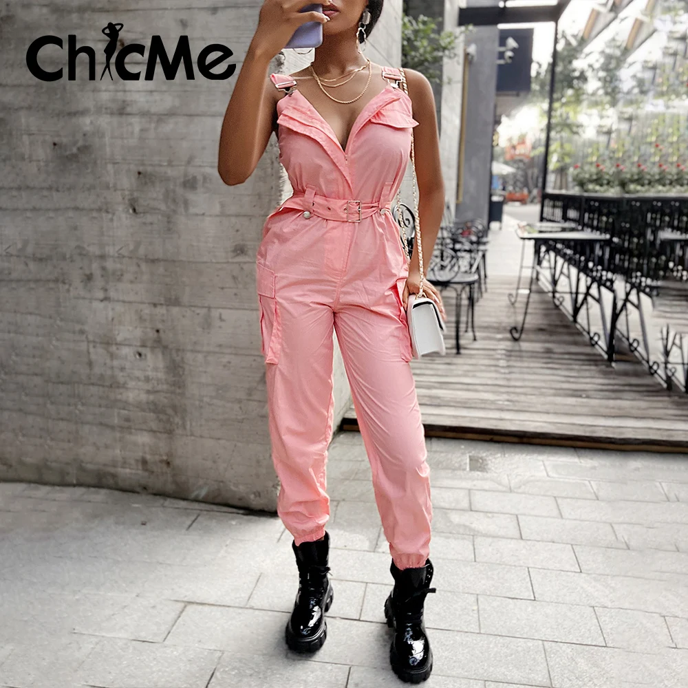 

Chicme Women Pocket Suspender Jumpsuit Thick Strap Overalls Square Neck Rompers Casual Cargo Pants Plus Size Women Clothing