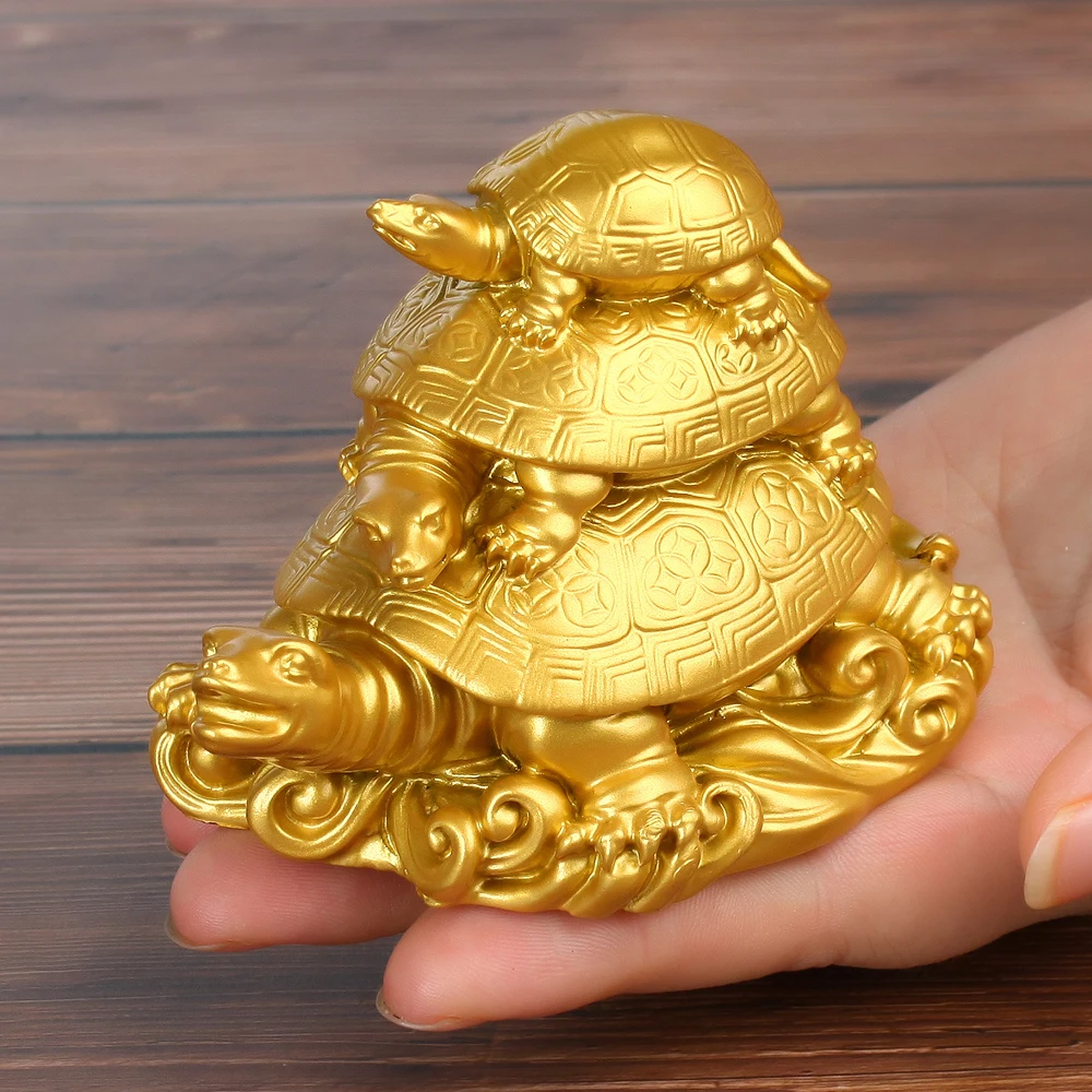 Gold Традиционная Золотая Смола фэн шуй Статуя Дракона черепахи черепаха резьба семья три поколения черепахи офисные деньги и богатство - Цвет: Gold