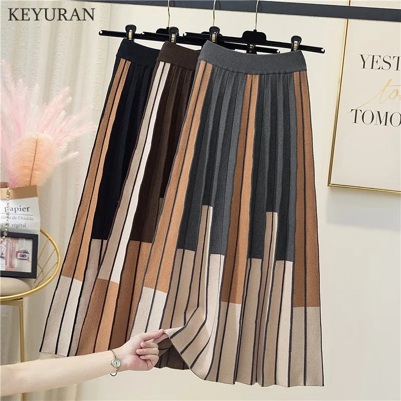 

New 2021 Autumn Winter Women Knitted Midi Skirt 2021 Vintage Contrast Striped A Line High Waist Pleated Long Skirt Female Ladies