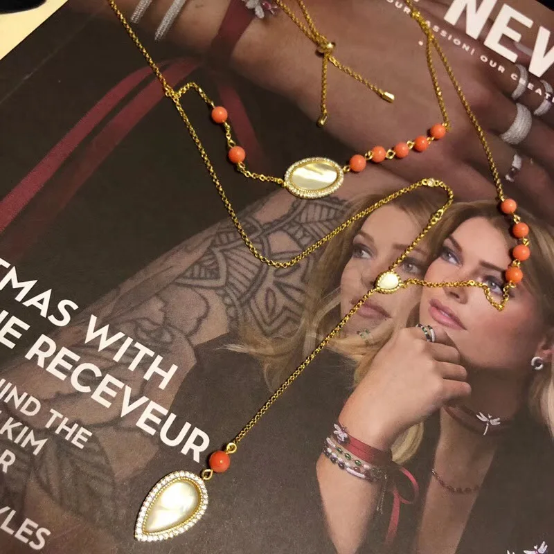 Monaco Jewelry Tassel Mother Of Pearl Long Chain Necklace pure 925 Sterling Silver Red Coral Bead Ball For Women | Украшения и